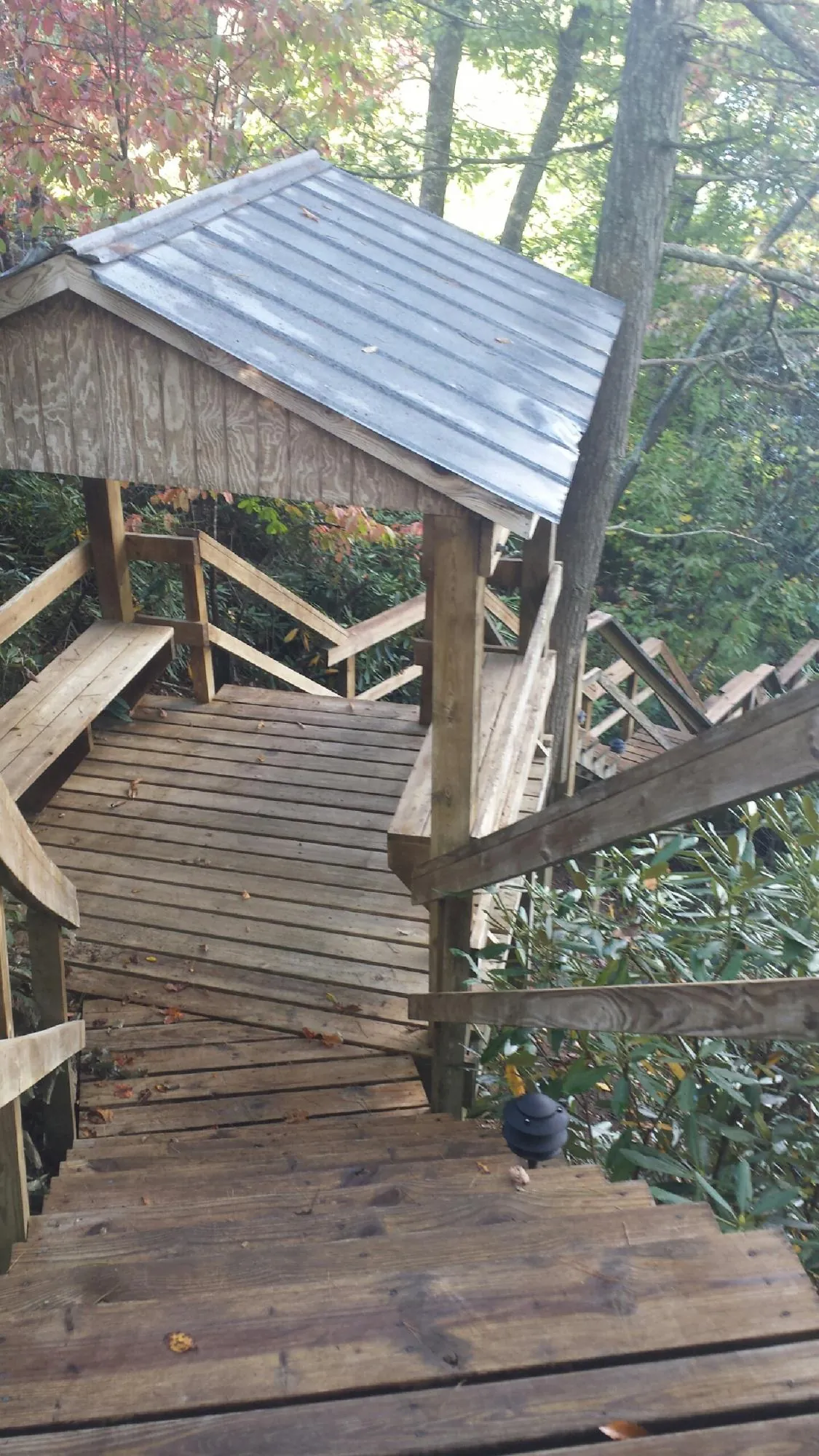 Metal roofed shelter over wooden steps on a wooded walkway — Skylight Repair & Installation work by our crew in Idanha